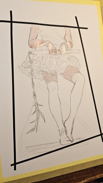 Art of some legs in stockings and a short skirt being painted