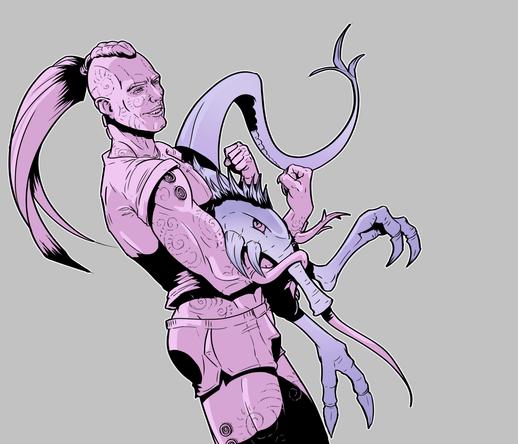 Ink drawing coloured in pink and purple tones of Lucius the Eternal carrying the little Steed of Slaanesh pet of his Shipmaster, Clarion, in his arms. the little demon is apparently vera angry at getting hauled around and really doesn't want to go.