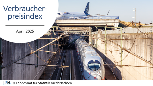 Verbraucherpreisindex, April 2025. Das Bild zeigt einen ICE, der zu einem Flughafen fährt. Im Hintergrund steht ein Airbus.