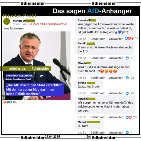 Auf einem privaten Profil postet der Verfasser "Was für ein Irrer!" und teilt dazu ein Bild von Evonik-Chef Christian Kullmann und "Die AfD macht den Staat verächtlich. Mit dem braunen Mob darf man keine Politik machen."

Dazu zeigen wir u.a. die Kommentare 
"Wer gegen die AfD unverständliche Worte ablässt, somit noch die Wähler beleidigt, ist gekauft! AfD in Regierung jetzt!", "Braun sind die linken Parteien aber nicht die AfD.", "Wird für diese dumme Aussage sicher auch Bezahlt...!", "Gekaufter Dreck!", "Wir sorgen mit unserer Stimme dafür das solche Leute keine Macht mehr haben werden." und "Du ratte."