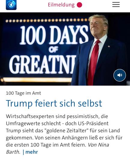 100 Tage im Amt
Trump feiert sich selbst Wirtschaftsexperten sind pessimistisch, die Umfragewerte schlecht - doch US-Präsident Trump sieht das "goldene Zeitalter" für sein Land gekommen. Von seinen Anhängern ließ er sich für die ersten 100 Tage im Amt feiern. Von Nina
Barth. | mehr🖖