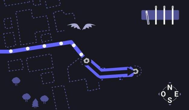 Carte schématique d'un itinéraire où une ligne fléchée violette représente le chemin parcouru . Au milieu de la carte, des tracés en pointillés représentent les ruines dans lesquelles les protagonistes s'aventurent. Après s'être arrêtée sur un cercle qui désigne une cave, la flèche change de couleur et continue sur la droite, dans un souterrain. Elle s'arrête ensuite sur un deuxième symbole qui représente une nouvelle cave, où se déroule à présent le récit.
On distingue également 4 allumettes en haut à droite de la carte, dont l'une a été utilisée.