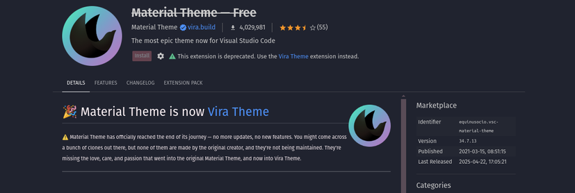 Material theme removed from VSC, replace by shitty paid Vira.