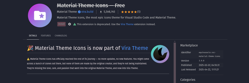 Material Theme icons removed from VSC store, replace by shitty Vira.