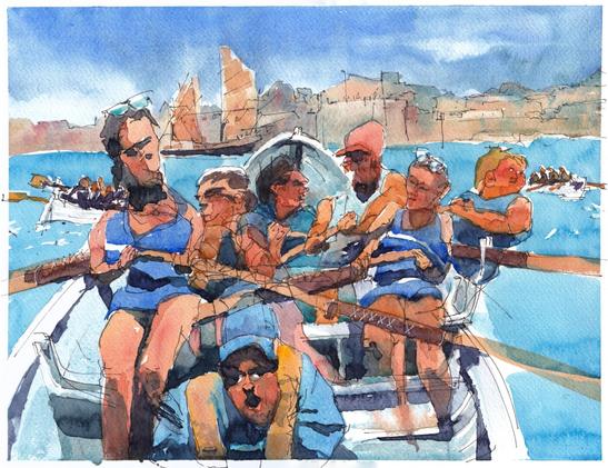 A pen and watercolor painting of rowers inside a white gig. Sunny, colorful. They are heading towards the Scilly finish line. A big sailboat is anchored near the harbour.