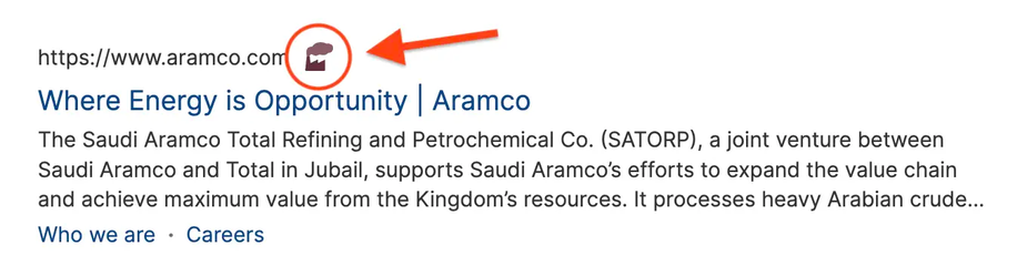 This is an example of how Ecosia identifies companies that pollute. The search result displays a company name, Aramco, and an icon indicating that the company is involved in a polluting industry.