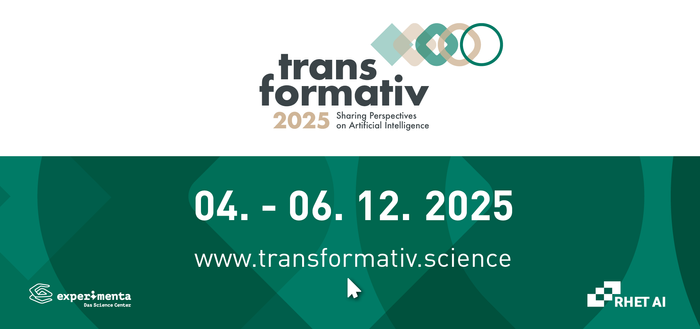 Das Bild zeigt eine Ankündigung für die transformativ Tagung von RHET AI Center und experimenta. Am oberen Rand ist das Logo der transformativ-Tagung zu sehen mit dem Untertitel „Sharing Perspectives on Artificial Intelligence“ In der unteren Bildhälfte steht „04.-06. Dezember 2025, www.transformativ.science“