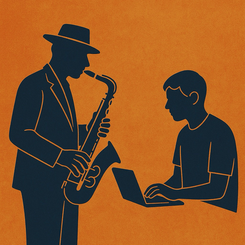 A minimalist digital illustration with a warm orange background. On the left, a silhouette of a jazz musician plays the saxophone, wearing a hat and suit. On the right, a casual figure sits and types on a laptop. The two characters face each other, symbolizing a connection between music and open source creativity.