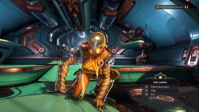 An image from Warframe.  Mag, a female coded robot that can manipulate magnetic fields, crouches in the bluegreen Orbiter.  they are a non standard traffic cone orange, with metal coils around their arms.  their chest sports a ribbon and the painting of a flower, which is wrapping around her bust