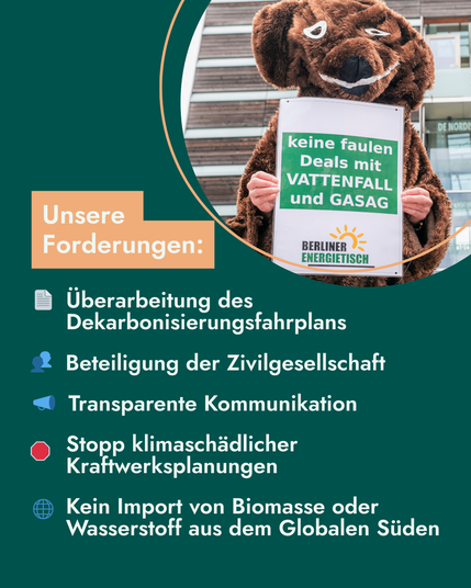 Unsere Forderungen: Überarbeitung des Dekarbonisierungsverfahrens, Beteiligung dr Zivilgesellschaft, Transparente Kommunikation, Stopp umweltschädlicher Kraftwerksplanungen, Kein Import von Biomasse oder Wasserstoff aus dem globalen Süden