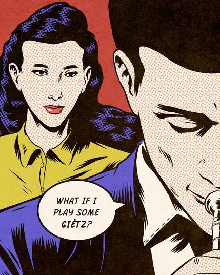 An image reminiscent of Roy Lichtenstein's paintings showing a man playing the trumpet, we only see half of him, his eyes are closed and his face slightly bent downwards. Behind him, We see a woman with dark hair and red lips, looking at him with a dreamy expression on her face.