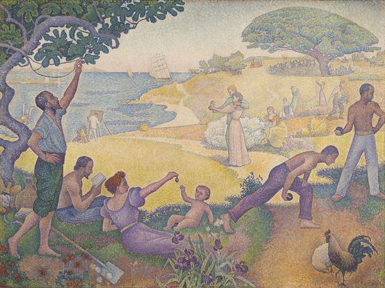 In the Time of Harmony by Paul Signac. It is a pointillist painting, making use of small dots of paint to form it's image. It depicts a sunny afternoon in a utopia of life, love, art, and nature. Figures are picking fruit, reading, dancing, playing games, and painting, living free from any oppression