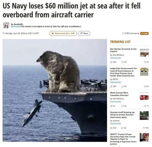 Headline: "US Navy loses $60 million jet at sea after it fell overboard from an aircraft carrier" accompanied by a photo of a huge cat sitting at the end of an aircraft carrier, looking down. A fighter jet is falling of the edge.