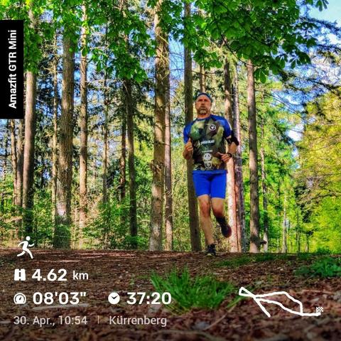 Das Bild zeigt eine Person, die durch einen Wald läuft. Sie trägt ein dunkles Shirt mit einem Logo und blaue Shorts. Der Wald ist dicht bewachsen, mit hohen Bäumen und grünem Laub. Der Boden ist mit Blättern und Gras bedeckt. Links befindet sich ein schwarzes Banner mit dem Text ‚Amazfit GTR Mini‘. Am unteren Rand des Bildes sind verschiedene Laufstatistiken eingeblendet: 

- Distanz: 4,62 km  
- Pace: 08'03"  
- Laufzeit: 37:20  
- Datum und Uhrzeit: 30. April, 10:54 Uhr  
- Standort: Kürrenberg  

Zusätzlich ist rechts unten eine kleine Karte mit der Laufstrecke sichtbar.