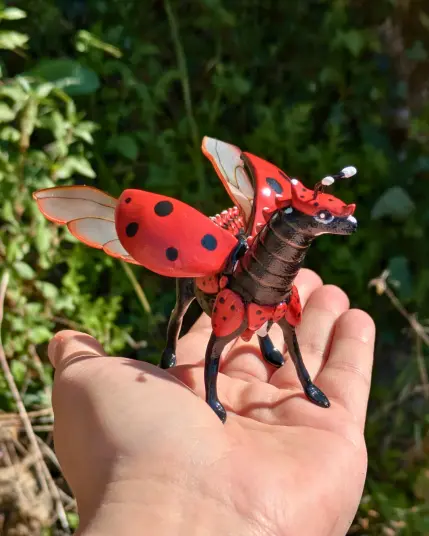 Une dragonne coccinelle rouge à point noir sur une main