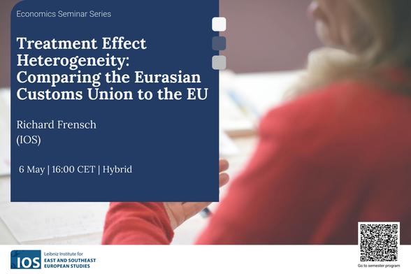 Announcement image for an Economics Seminar Series presentation titled 'Treatment Effect Heterogeneity: Comparing the Eurasian Customs Union to the EU' by Richard Frensch from IOS. The event takes place on May 6 at 16:00 CET in hybrid format. The image includes the IOS logo and a QR code linking to the semester program.