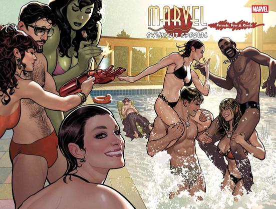 Superheores form marvel in swimsuits at the pool.
