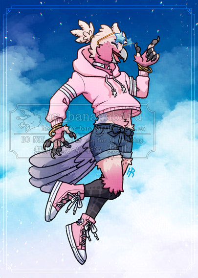 Digital art of an anthro Galah bird in a floating pose. They are wearing a pink cropped hoodie, denim short shorts, pink converse shoes and blue star shaped sunglasses. Behind them is a blue sky with white fluffy clouds.