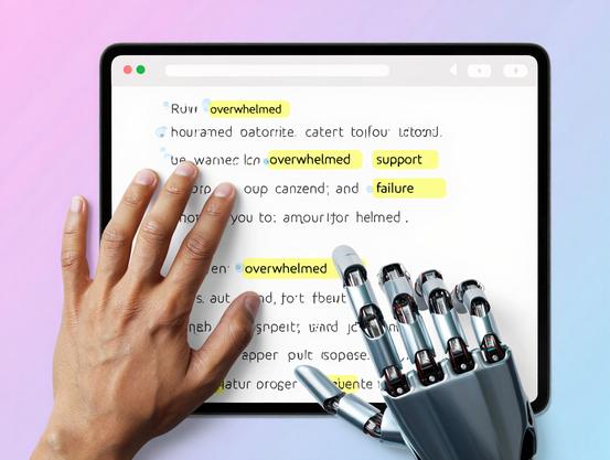 A human and AI work together to create trauma-informed, vulnerability-aware content on a digital device.