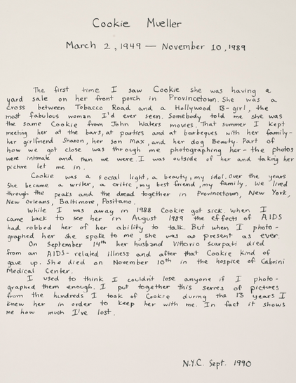 Nan Goldin: Handschriftlicher Text über Cookie Mueller, Quelle: https://www.christies.com/en/lot/lot-6471982