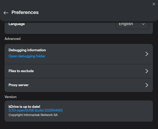A screenshot of the kDrive desktop client settings.