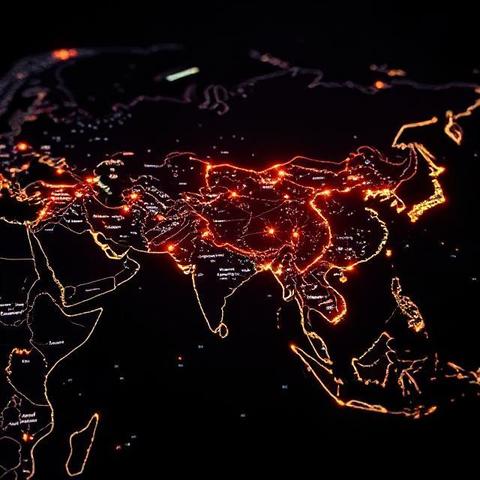 Esta imagem apresenta um mapa-múndi estilizado, com foco especial no Leste Asiático. O mapa é renderizado em um estilo digital futurista, com linhas brilhantes e pontos de luz delineando países e grandes cidades. A China é destacada em um laranja vibrante, enquanto os países vizinhos são representados em um tom azul-petróleo mais escuro. O efeito geral é o de um mundo dinâmico e interconectado, enfatizando a importância desta região em um contexto global. O uso de cor e luz na imagem cria uma sensação de energia e movimento, sugerindo um mundo em constante evolução e conectado.