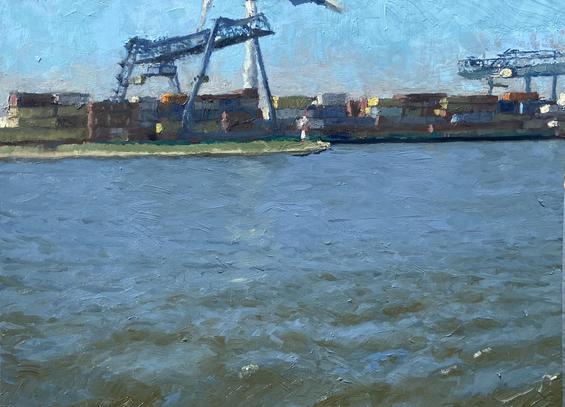 Plein air Oilpainting with a view over a river onto a harbor of sort where large cranes are looming over backlit containers. There are inaccuracies of course, largely because the painter doesn’t know much about cranes. Oil on panel, 40x30 cm