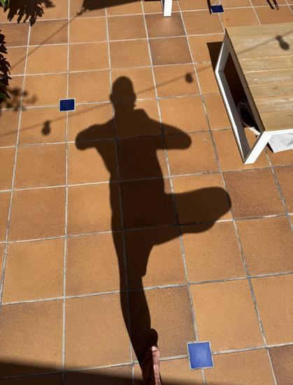 A shadow casts on a tiled floor, displaying a person in a yoga pose. The setting features a warm, sunlit area with a wooden table and decorative elements like hanging lights.
