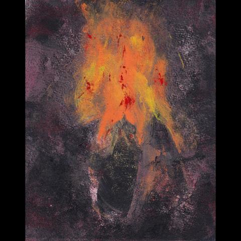 A monoprint made with gel plate on watercolour paper (7.75” x 9.8” but displayed on a square with extra black margin on sides) of a somewhat abstract painted scene of three figures in black with witches’ caps in front of a bonfire at night.