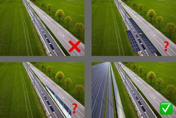 Four similar drone shots, with solar panels placed in different locations.

Top left: solar panels between the rail tracks, and a red CROSS showing this option is undesirable

Top right: solar panels photoshopped either side of the tracks, QUESTION MARK showing this might be a better option

Bottom left: solar panels integrated into a sound protection wall, also has a QUESTION MARK

Bottom right: big solar farm in the field next to the track, with a TICK indicating this is a good idea