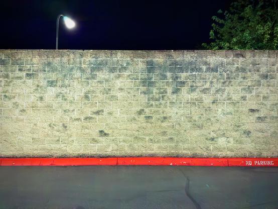 A large, gray brick wall spans from frame left to frame right, with a dark sky above, a streetlight popping up over the top-left of it, a tree popping up over the top-right, and an asphalt ground below with a bright red curb in between, displaying "NO PARKING" painted in white on the far right of the curb.