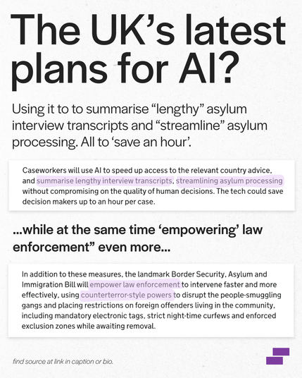 The UK's latest plans for AI? Using it to to summarise “lengthy” asylum interview transcripts and “streamline” asylum processing. All to ‘save an hour’. ...while at the same time ‘empowering’ law enforcement” even more... Two strips of cut out paper show pieces from a recent UK government new story with text highlighted in purple to document the claims. Full news story is at the link in the posts.