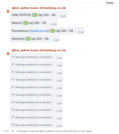 Screenshot of a Matrix room in Element. It shows messages by the CCCHH Uptime Kuma status alert bot, starting with messages showing that some service are up again, with the later bunch being deleted by the moderation bot. This is followed by the notice that the moderation bot banned the status alert bot for spam.