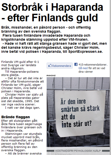 An article titled "Storbråk i Haparanda - efter Finlands guld" ("Big brawl in Haparanda efter Finland's gold medal") next to an ad for free psychological counseling showing a sign reading "Är den inre smärtan så stark att du inte står ut?" ("Is the inner pain so strong that you can't stand it?")