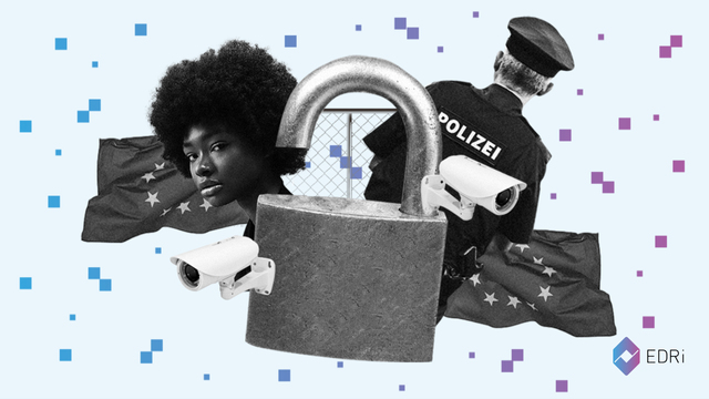Collage. In the center an open lock with two CCTV attached to it. Behind on the left and right of the lock there are two people, one of them is wearing a police uniform. Both have EU flags flying behind them. In the background there is a gate. Spread over the background are blue/purple small squares of different size. On the bottom right there is the logo of EDRi.
