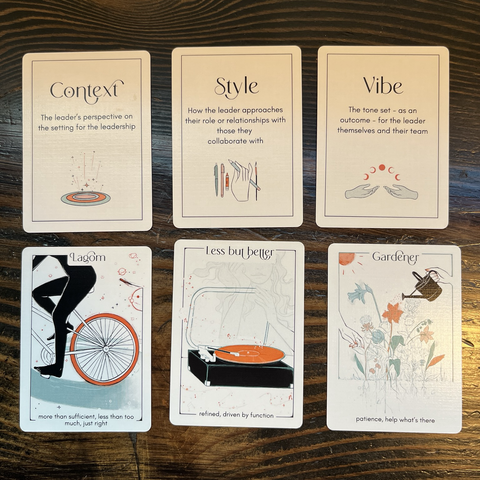 Six cards are shown from the Leadership Tarot deck. The text on the six cards is as follows in order from top left to bottom right.  Context - the leader’s perspective on the setting for the leadership  Style - How the leader approaches their role or relationships with those they collaborate with  Vibe - The tone set - as an outcome - for the leadership themselves and their team Lagom - more than sufficient, less than too much, just right Less but better - refined, driven by function Gardener - patience, help what’s there