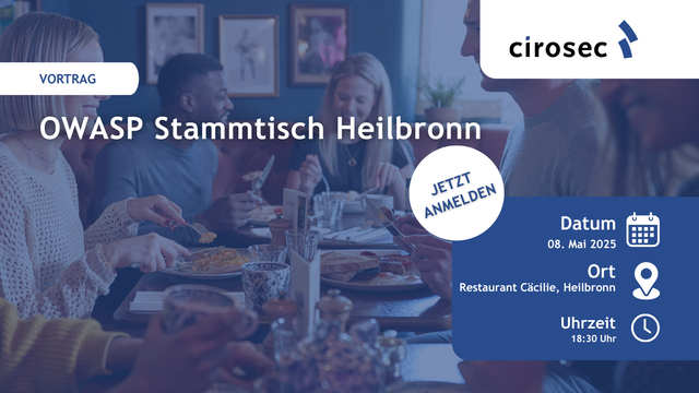 Der Heilbronner OWASP Stammtisch ist zurück!

Nach längerer Pause geht's wieder los – und unser Senior Berater Benjamin Häublein ist mit einem spannenden Talk dabei:
🔐 „OAuth sicher mit Single-Page-Applications nutzen: Architektur-Pattern und Best Practices“