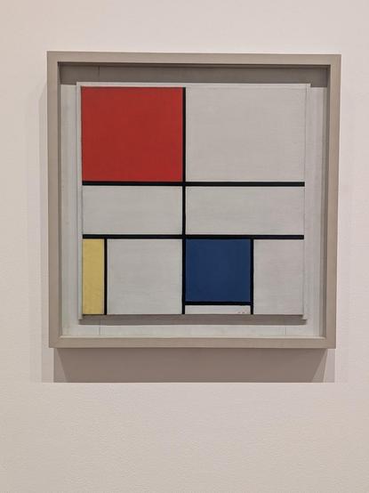 Photo of a Piet Mondrian artwork.  White canvas, some black lines at right angles, and squares of colour.  Is it art?