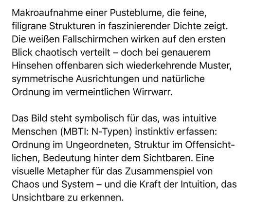 Makroaufnahme einer Pusteblume, die feine, filigrane Strukturen in faszinierender Dichte zeigt.
Die weißen Fallschirmchen wirken auf den ersten Blick chaotisch verteilt - doch bei genauerem Hinsehen offenbaren sich wiederkehrende Muster, symmetrische Ausrichtungen und natürliche Ordnung im vermeintlichen Wirrwarr.
Das Bild steht symbolisch für das, was intuitive Menschen (MBTI: N-Typen) instinktiv erfassen:
Ordnung im Ungeordneten, Struktur im Offensicht-lichen, Bedeutung hinter dem Sichtbaren. Eine visuelle Metapher für das Zusammenspiel von Chaos und System - und die Kraft der Intuition, das Unsichtbare zu erkennen.🖖