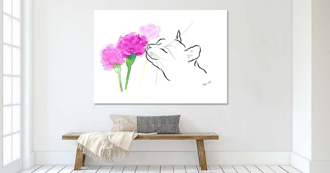 Tief einatmen und entspannen ist eine Kombination aus Tuschezeichnung und Aquarellmalerei der Künstlerin Karen Kaspar. Eine niedliche Katze schnuppert an pinkfarbenen Nelkenblüten. Das Kätzchen hat die Augen geschlossen und scheint den Duft der Blumen lächelnd zu genießen. Tief einatmen und entspannen. Die schwarze minimalistische Tuschezeichnung der Katze auf weißem Hintergrund und die lockeren Aquarelllavuren der Blumen in lebendigen Farbtönen von pink und grün bilden eine spannende Bildwirkung.