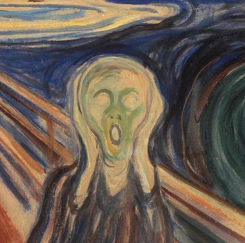 Closeup on the character in "the scream" painting by Munsch