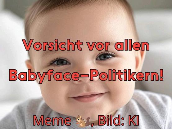 Meme. Im Hintergrund ein lächelndes Babygesicht. Im Vordergrund der Text „Vorsicht vor allen Babyface-Politierkern”, unten „Meme 🐿️, Bild KI”.