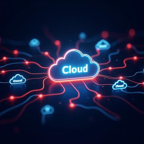 Eine Illustration mit einer Wolke auf dunklem Hintergrund in der auf blau-leuchtend weißem Text "Cloud" steht. Diese Wolke ist mit roten und blauen Linien zu jeweils kleineren Wolken verbunden.