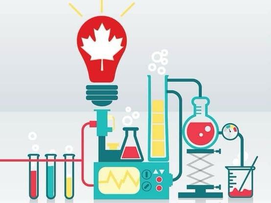 Dieses Bild zeigt eine stilisierte, grafisch illustrierte Laborszene, in der Wissenschaft und Innovation symbolisch dargestellt werden:

Reagenzgläser, Kolben und Messinstrumente sind über ein technisches System miteinander verbunden, aus dem oben eine große rote Glühbirne hervorgeht. In dieser Glühbirne befindet sich das Ahornblatt – das nationale Symbol Kanadas. Das Licht der Birne deutet auf eine zündende Idee oder einen wissenschaftlichen Durchbruch hin.

Bildkontext:
Das Bild steht symbolisch für Forschung, Technologie und Innovation „Made in Canada“. Es vermittelt die Botschaft, dass durch systematisches Denken, kluge Prozesse und Zusammenarbeit neue Erkenntnisse oder Lösungen entstehen – ein Land als Innovationsmotor.🖖