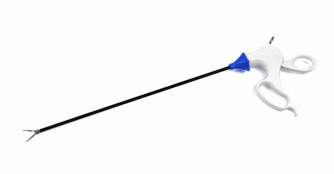 Picture of a laparoscopic forceps on a white background.