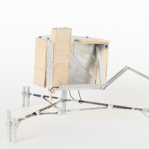 Sculpture by Aurel Porté inspired by the Philae lander from Rosetta mission. This piece employs poor or unsuitable materials for their purpose, evoking a vision of space exploration marked by a nuanced social reality, where a foreboding sense of tragedy (ecological, economic, migratory) has permeated the longing for elsewhere.