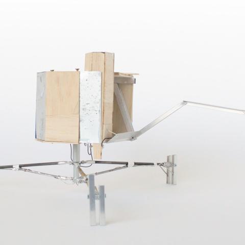 Sculpture by Aurel Porté inspired by the Philae lander from Rosetta mission. This piece employs poor or unsuitable materials for their purpose, evoking a vision of space exploration marked by a nuanced social reality, where a foreboding sense of tragedy (ecological, economic, migratory) has permeated the longing for elsewhere.