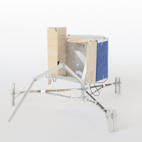 Sculpture by Aurel Porté inspired by the Philae lander from Rosetta mission. This piece employs poor or unsuitable materials for their purpose, evoking a vision of space exploration marked by a nuanced social reality, where a foreboding sense of tragedy (ecological, economic, migratory) has permeated the longing for elsewhere.