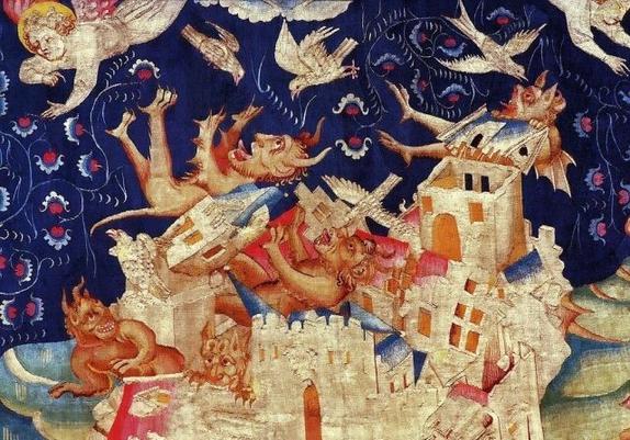 A medieval depiction in tapestry of terrified horned demons in a collapsing city as avenging angels and birds swoop down from a dark blue sky