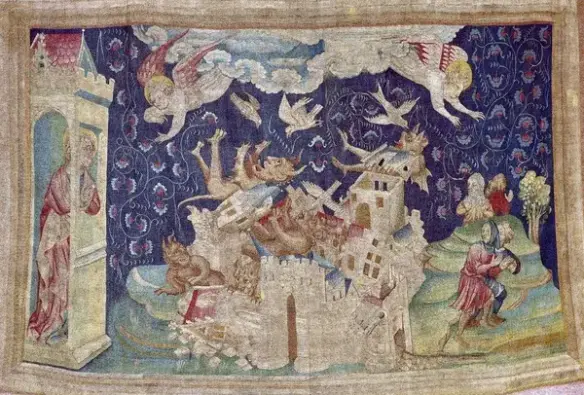 The full panel shown in detail above in more authentic paler colors. An outsized vestibule holding John the Revelator can be seen to the left.